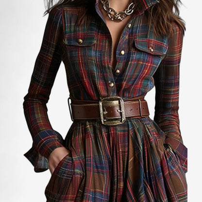 Elegant Plaid Maxi Dress for Women with Collar Long Sleeve Belted Button Front Flowing Style