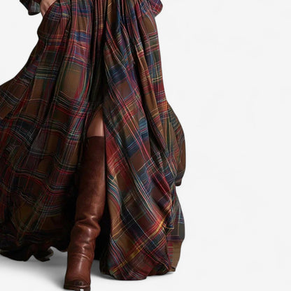 Elegant Plaid Maxi Dress for Women with Collar Long Sleeve Belted Button Front Flowing Style