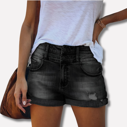 Effortless Blue Distressed Denim Shorts for Women with High Waisted Button Front Cuffed Relaxed Casual Style