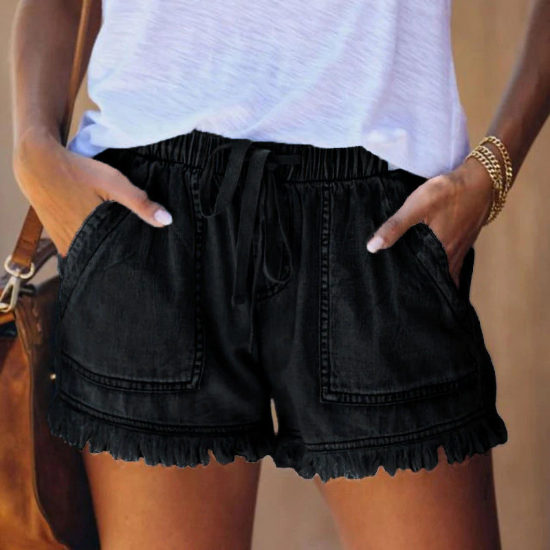 Effortless Denim Shorts for Women with Drawstring Waist Patch Pocket Frayed Hem Casual Style