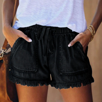 Effortless Denim Shorts for Women with Drawstring Waist Patch Pocket Frayed Hem Casual Style