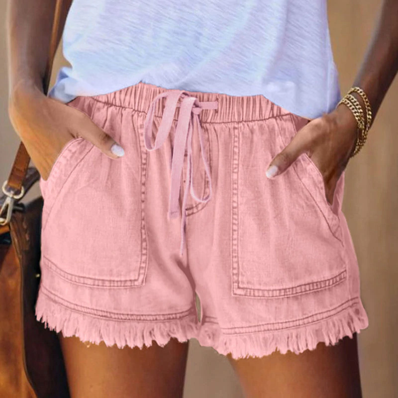 Effortless Denim Shorts for Women with Drawstring Waist Patch Pocket Frayed Hem Casual Style