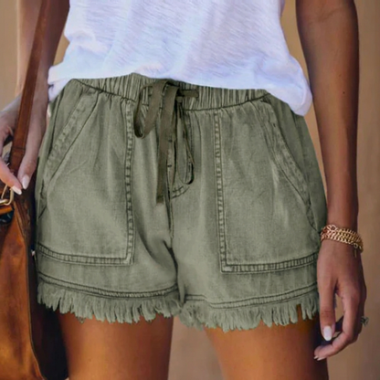Effortless Denim Shorts for Women with Drawstring Waist Patch Pocket Frayed Hem Casual Style