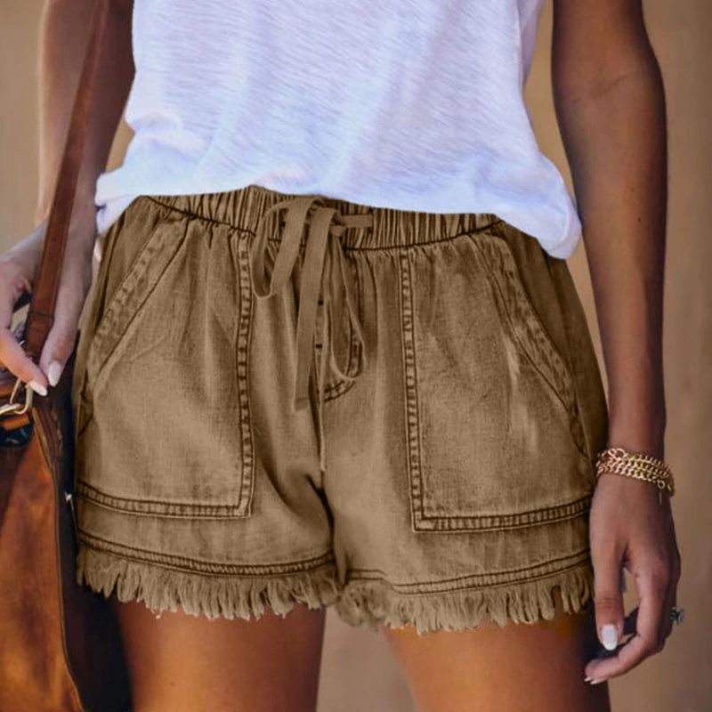 Effortless Denim Shorts for Women with Drawstring Waist Patch Pocket Frayed Hem Casual Style