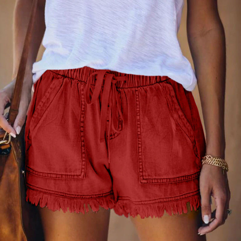 Effortless Denim Shorts for Women with Drawstring Waist Patch Pocket Frayed Hem Casual Style