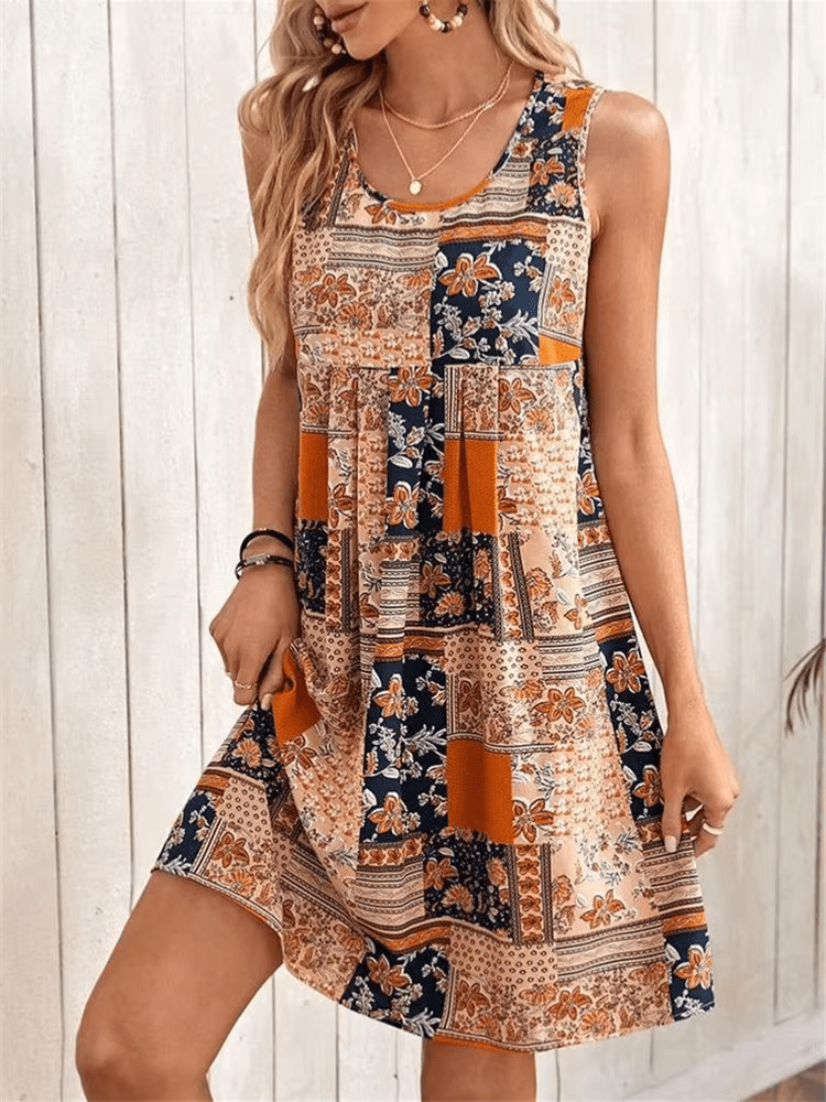 Effortless Patchwork Floral Mini Dress for Women with Scoop Neck Sleeveless Pleated Boho Style