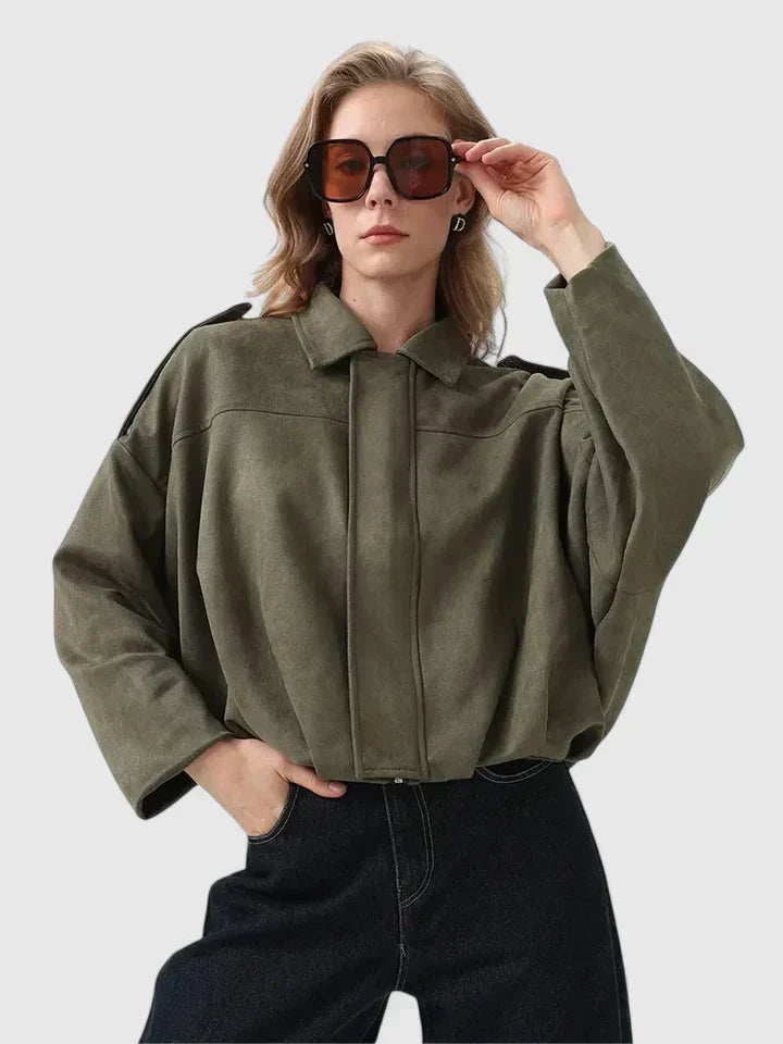 Effortless Faux Suede Cropped Jacket for Women with Point Collar Long Sleeve Oversized Bubble Hem Casual Style