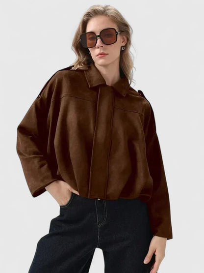 Effortless Faux Suede Cropped Jacket for Women with Point Collar Long Sleeve Oversized Bubble Hem Casual Style