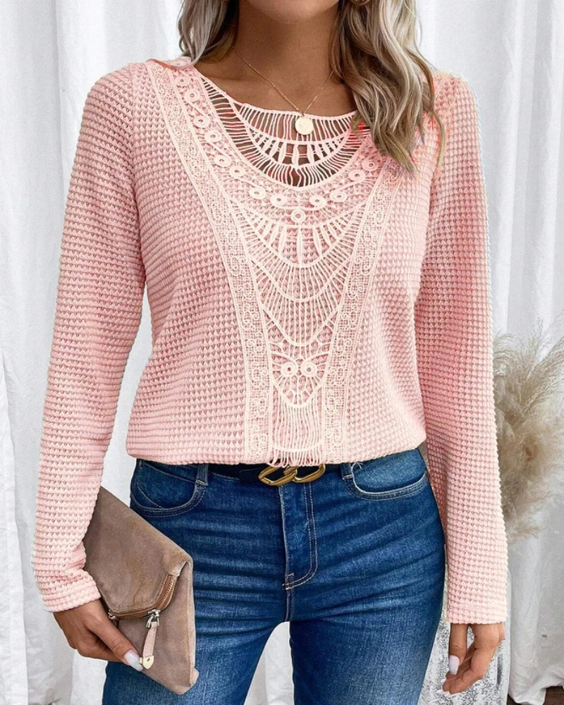 Effortless Crochet Lace Waffle Knit Blouse for Women with Round Neck Long Sleeve Relaxed Boho Style