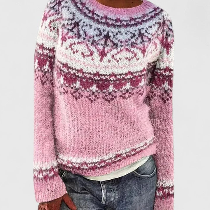Comfortable Fair Isle Sweater for Women with Crew Neck Long Sleeve Relaxed Oversized Knit Style