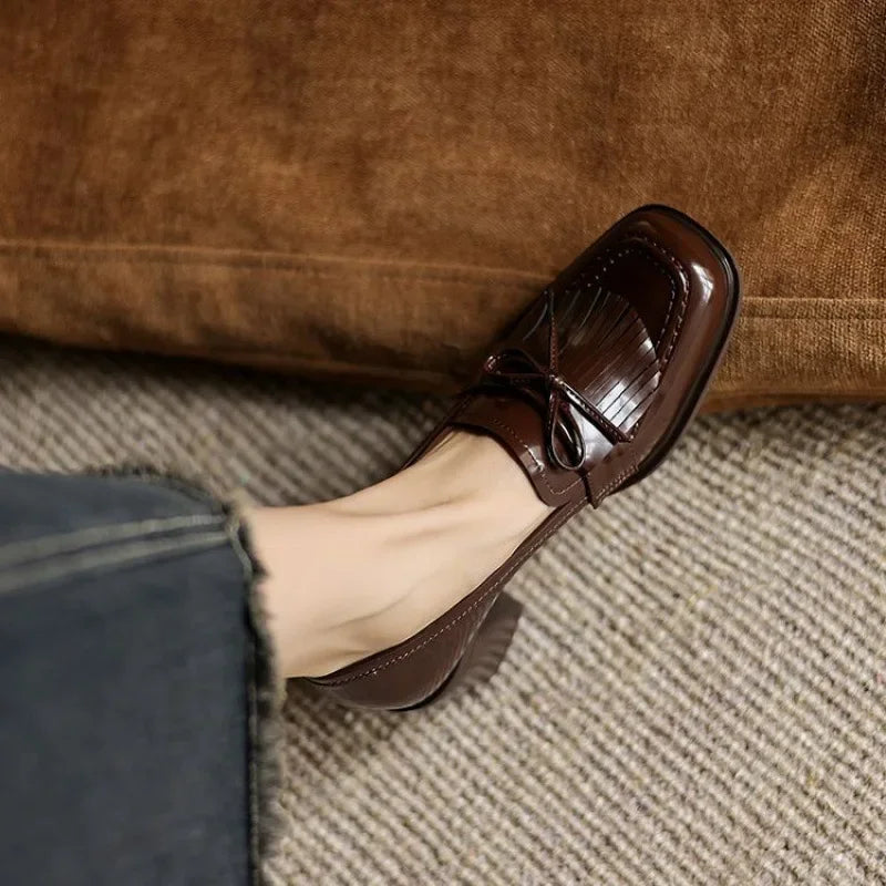 Elegant Patent Leather Tassel Loafer for Women with Round Toe Block Heel Chic Style