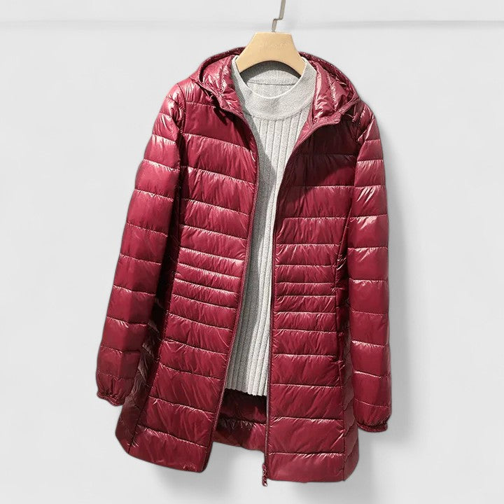 Effortless Quilted Puffer Jacket for Women with Hooded Long Sleeve Zip Front Longline Casual Style