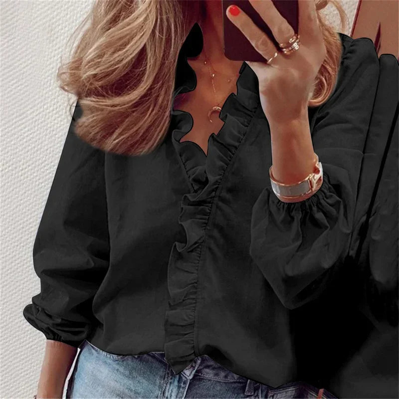Effortless Ruffle Trim Blouse for Women with V Neck Balloon Sleeve Relaxed Flowing Style