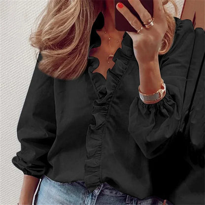 Effortless Ruffle Trim Blouse for Women with V Neck Balloon Sleeve Relaxed Flowing Style