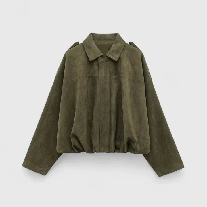 Effortless Faux Suede Cropped Jacket for Women with Point Collar Long Sleeve Oversized Bubble Hem Casual Style