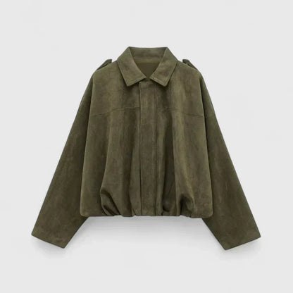 Effortless Faux Suede Cropped Jacket for Women with Point Collar Long Sleeve Oversized Bubble Hem Casual Style