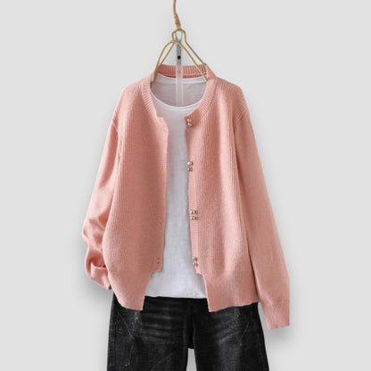 Comfortable Ribbed Cardigan Sweater for Women with Round Neck Long Sleeve Pearl Button Relaxed Oversized Style