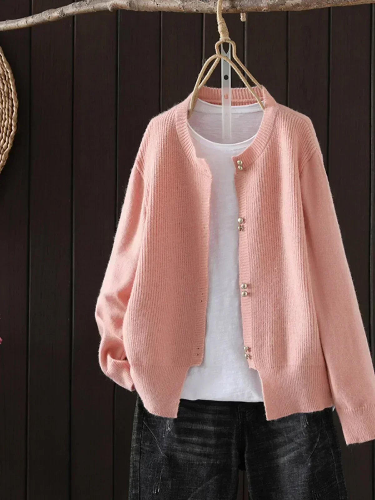 Comfortable Ribbed Cardigan Sweater for Women with Round Neck Long Sleeve Pearl Button Relaxed Oversized Style