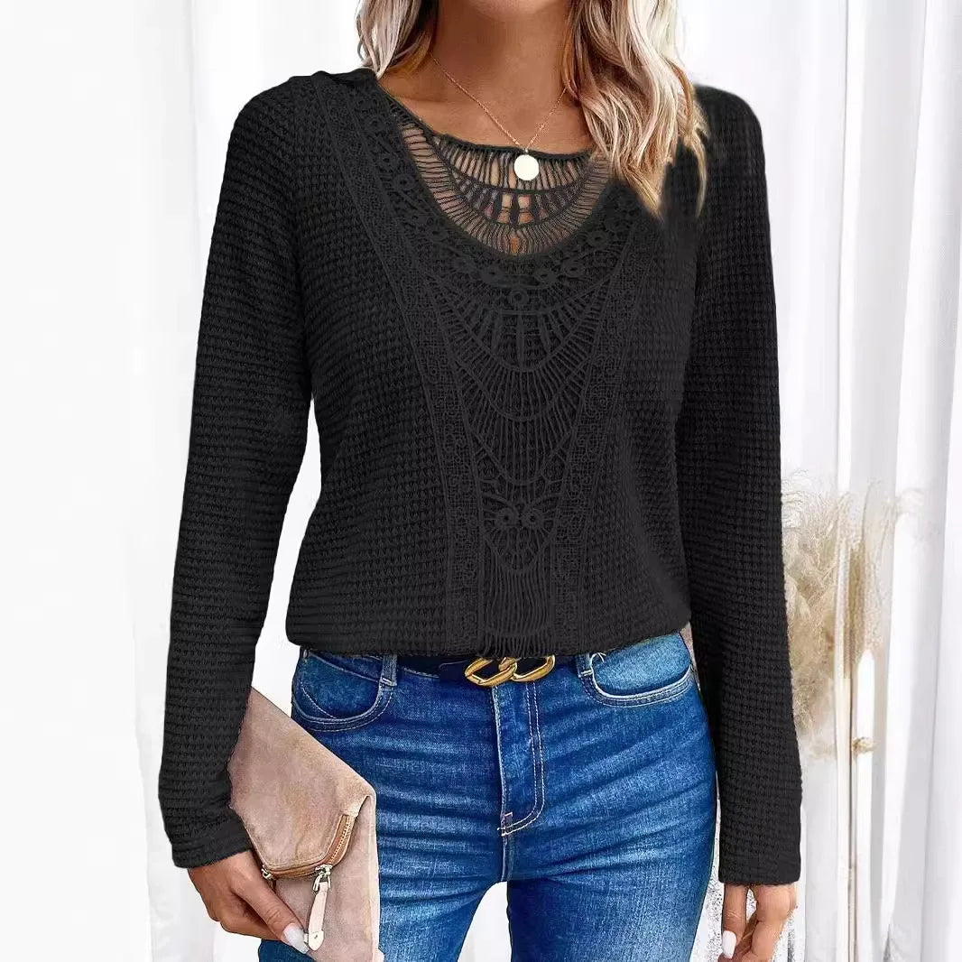 Effortless Crochet Lace Waffle Knit Blouse for Women with Round Neck Long Sleeve Relaxed Boho Style