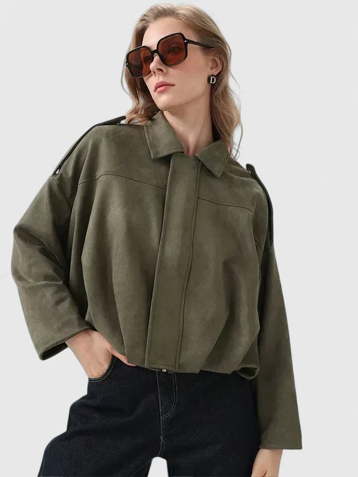 Effortless Faux Suede Cropped Jacket for Women with Point Collar Long Sleeve Oversized Bubble Hem Casual Style