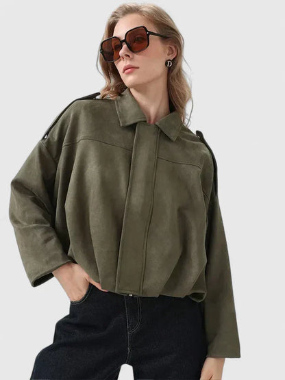 Effortless Faux Suede Cropped Jacket for Women with Point Collar Long Sleeve Oversized Bubble Hem Casual Style