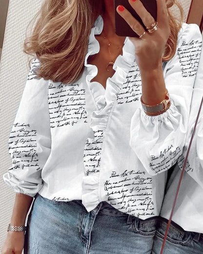 Effortless Ruffle Trim Blouse for Women with V Neck Balloon Sleeve Relaxed Flowing Style
