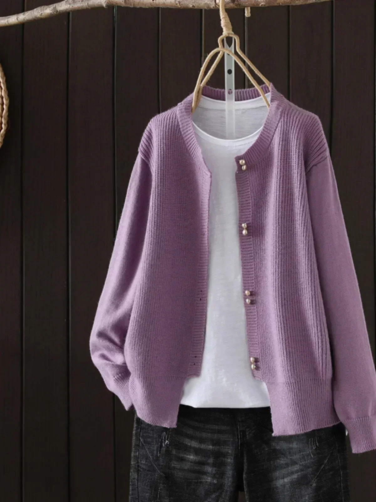Comfortable Ribbed Cardigan Sweater for Women with Round Neck Long Sleeve Pearl Button Relaxed Oversized Style
