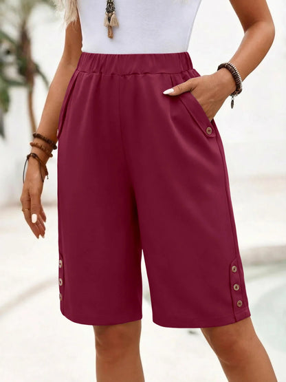 Effortless Black Bermuda Shorts for Women with High Waist Elastic Button Trim Relaxed Casual Style