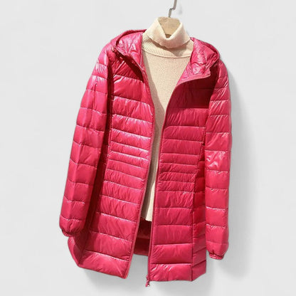 Effortless Quilted Puffer Jacket for Women with Hooded Long Sleeve Zip Front Longline Casual Style