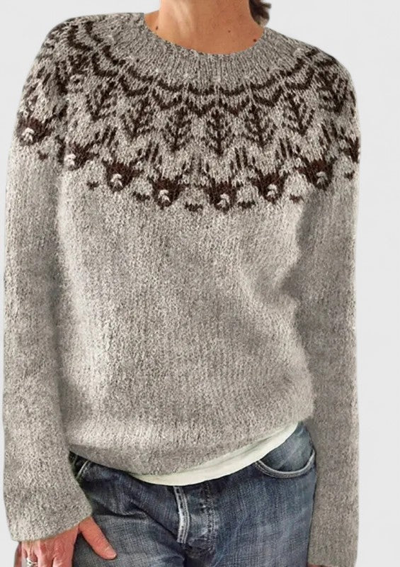 Comfortable Fair Isle Sweater for Women with Crew Neck Long Sleeve Relaxed Oversized Knit Style