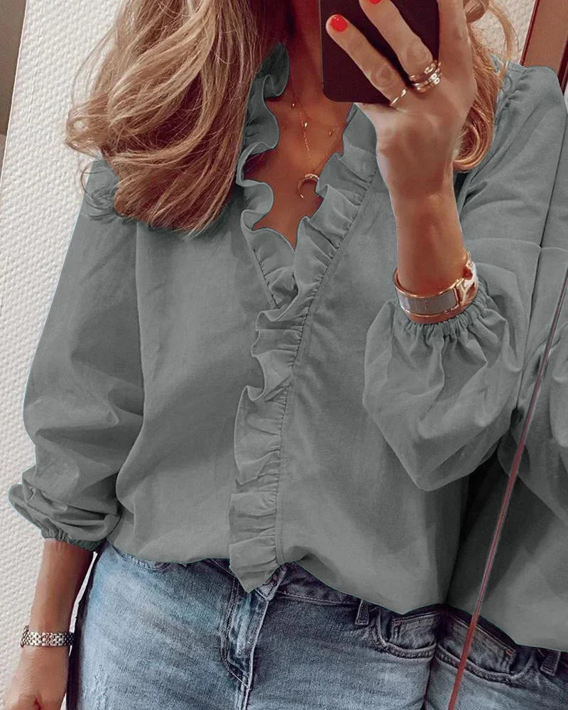 Effortless Ruffle Trim Blouse for Women with V Neck Balloon Sleeve Relaxed Flowing Style