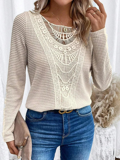 Effortless Crochet Lace Waffle Knit Blouse for Women with Round Neck Long Sleeve Relaxed Boho Style