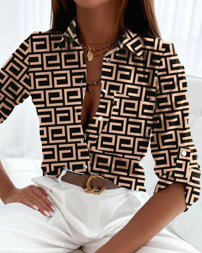 Effortless Abstract Print Blouse for Women with Collar Long Sleeve Button Front Relaxed Style