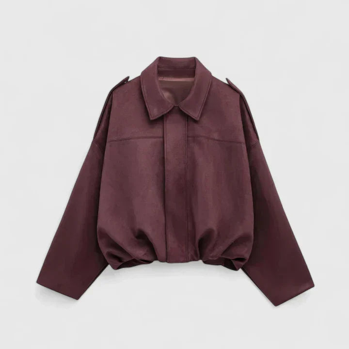 Effortless Faux Suede Cropped Jacket for Women with Point Collar Long Sleeve Oversized Bubble Hem Casual Style