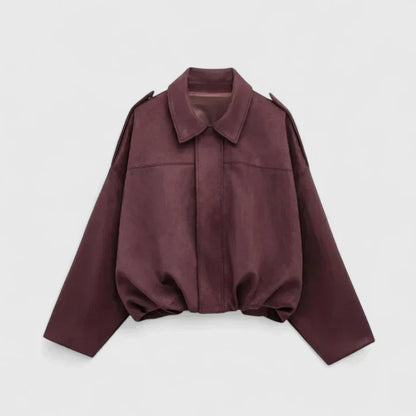 Effortless Faux Suede Cropped Jacket for Women with Point Collar Long Sleeve Oversized Bubble Hem Casual Style