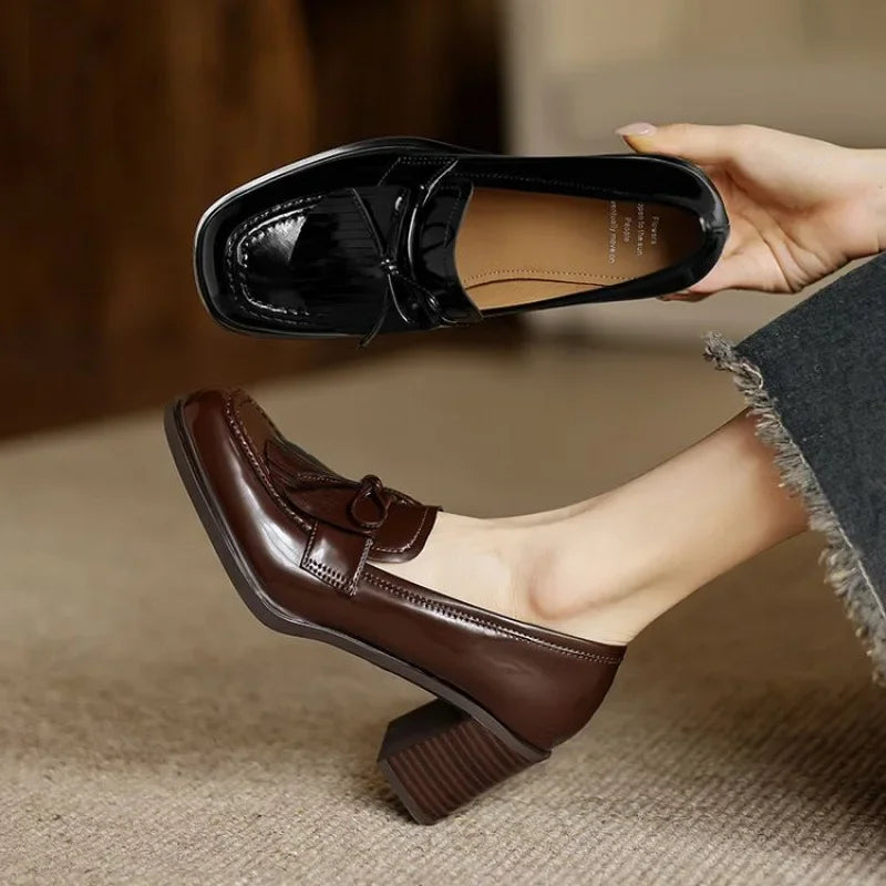 Elegant Patent Leather Tassel Loafer for Women with Round Toe Block Heel Chic Style
