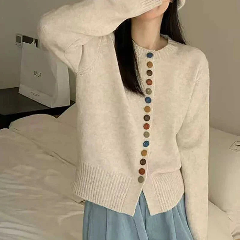 Comfortable Rainbow Button Cardigan Sweater for Women with Round Neck Long Sleeve Cropped Ribbed Knit Style