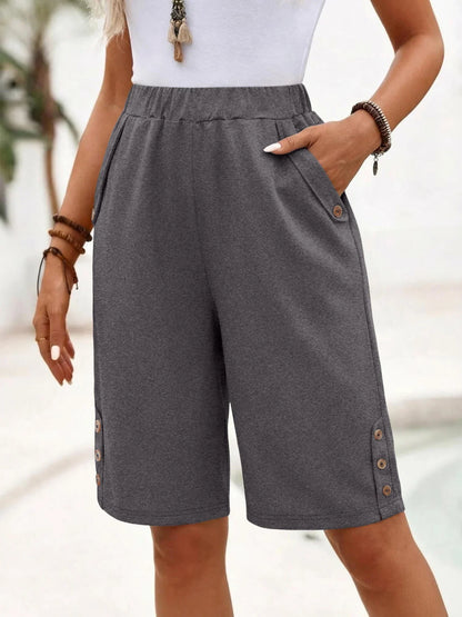 Effortless Black Bermuda Shorts for Women with High Waist Elastic Button Trim Relaxed Casual Style
