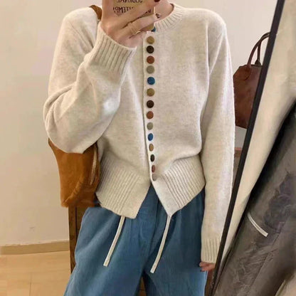 Comfortable Rainbow Button Cardigan Sweater for Women with Round Neck Long Sleeve Cropped Ribbed Knit Style