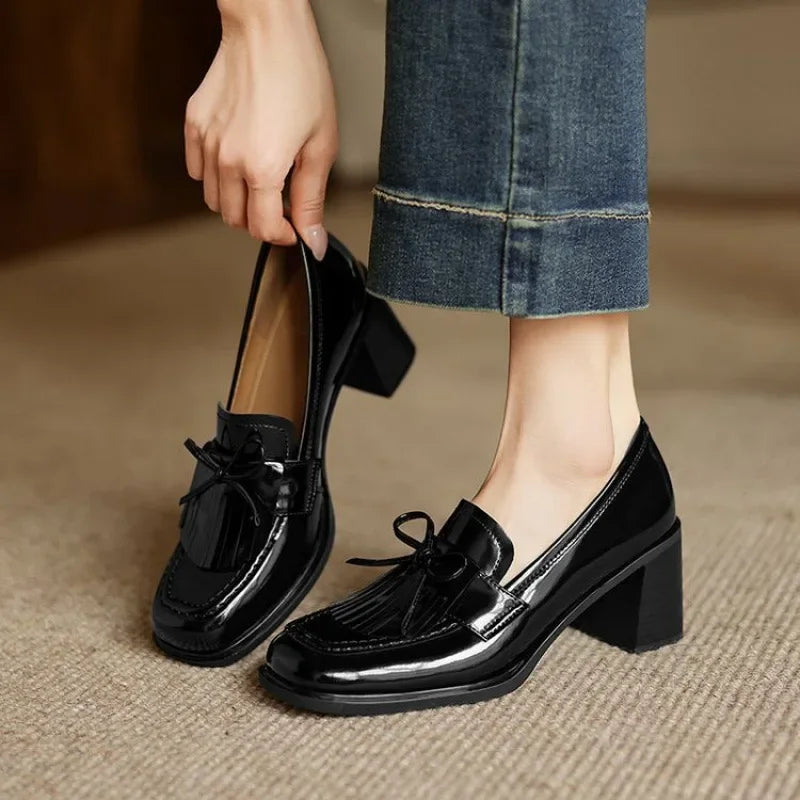 Elegant Patent Leather Tassel Loafer for Women with Round Toe Block Heel Chic Style