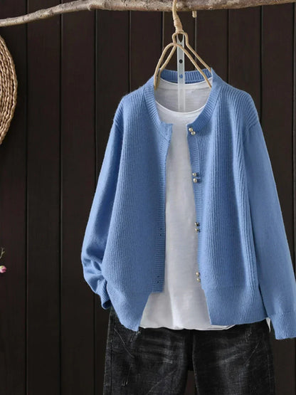 Comfortable Ribbed Cardigan Sweater for Women with Round Neck Long Sleeve Pearl Button Relaxed Oversized Style
