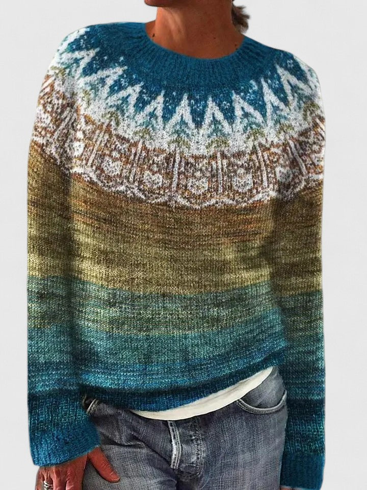 Comfortable Fair Isle Sweater for Women with Crew Neck Long Sleeve Relaxed Oversized Knit Style