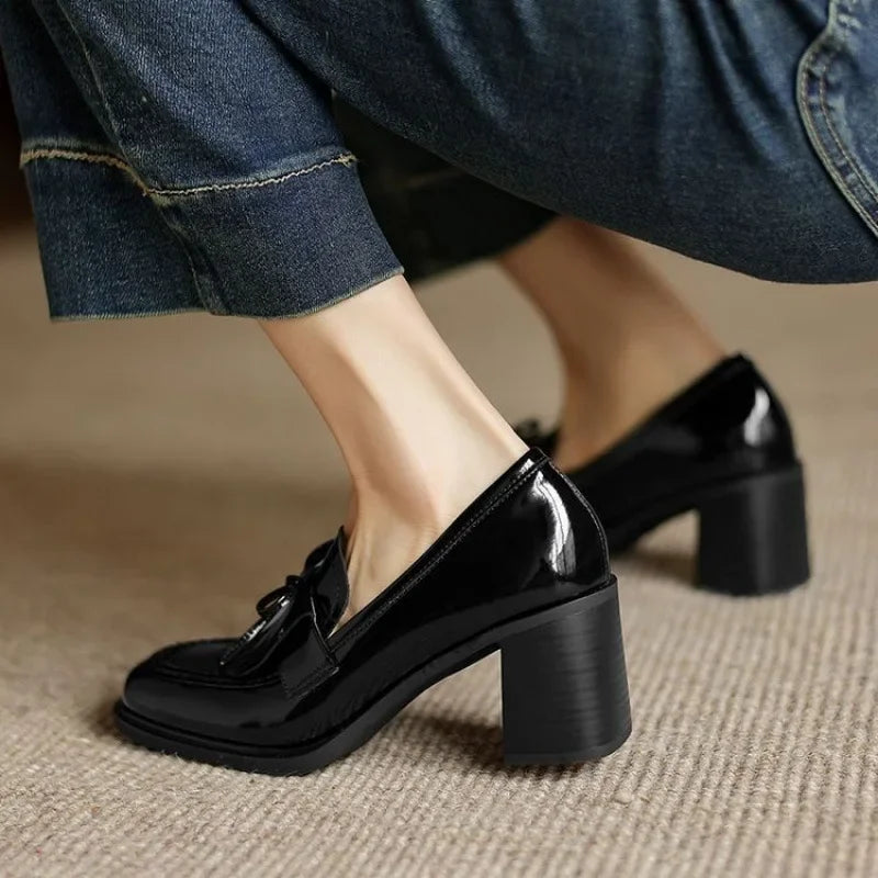 Elegant Patent Leather Tassel Loafer for Women with Round Toe Block Heel Chic Style