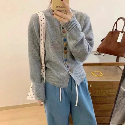 Comfortable Rainbow Button Cardigan Sweater for Women with Round Neck Long Sleeve Cropped Ribbed Knit Style