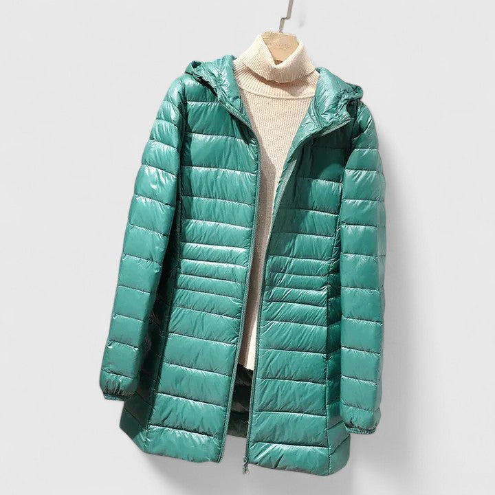 Effortless Quilted Puffer Jacket for Women with Hooded Long Sleeve Zip Front Longline Casual Style