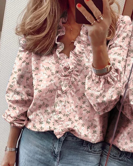 Effortless Ruffle Trim Blouse for Women with V Neck Balloon Sleeve Relaxed Flowing Style