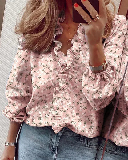 Effortless Ruffle Trim Blouse for Women with V Neck Balloon Sleeve Relaxed Flowing Style