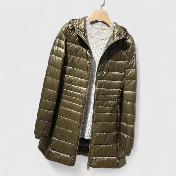 Effortless Quilted Puffer Jacket for Women with Hooded Long Sleeve Zip Front Longline Casual Style