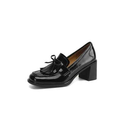 Elegant Patent Leather Tassel Loafer for Women with Round Toe Block Heel Chic Style