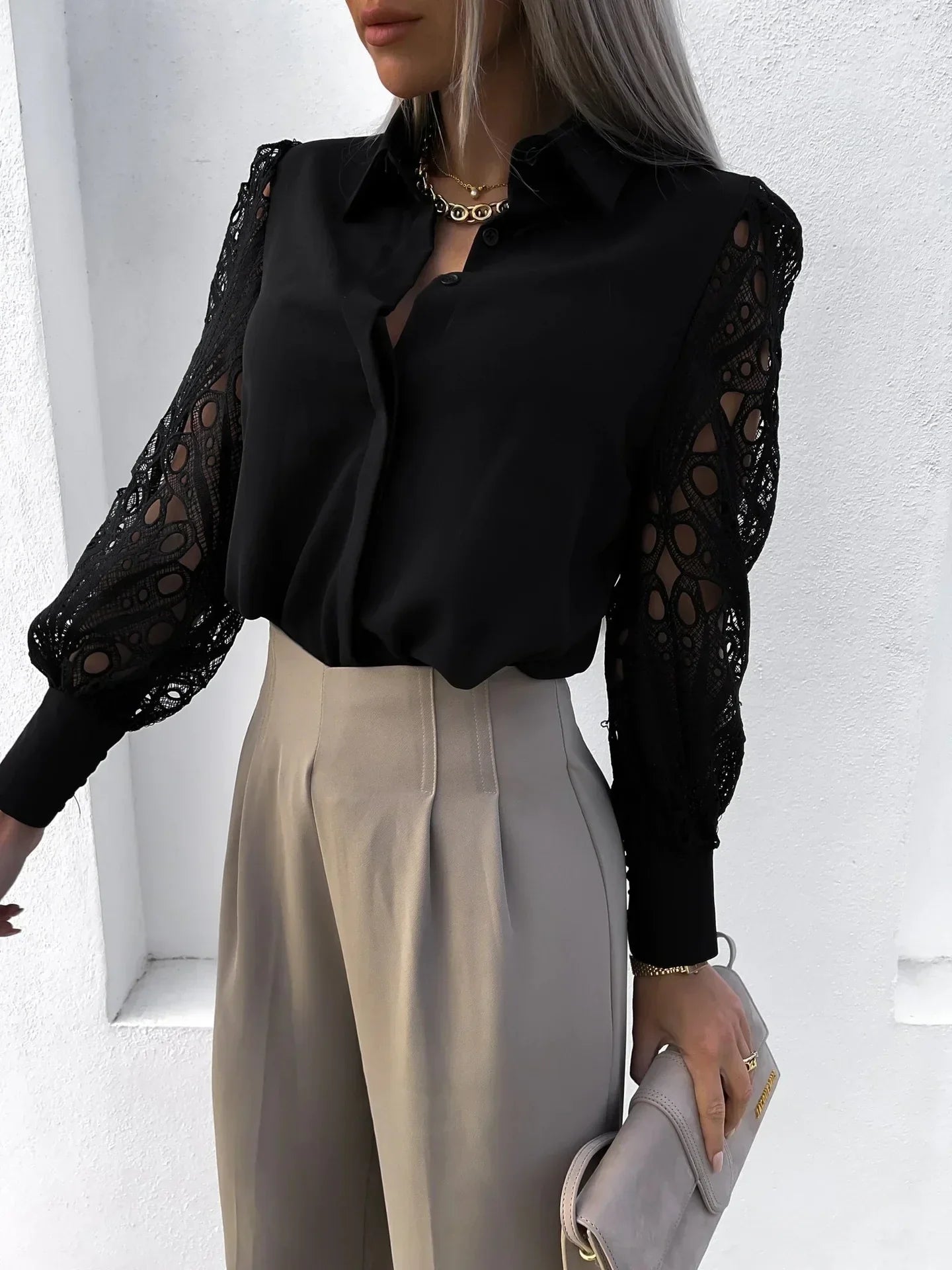 Elegant Satin Blouse for Women with Collar Long Sleeve Crochet Lace Cutout Silky Style